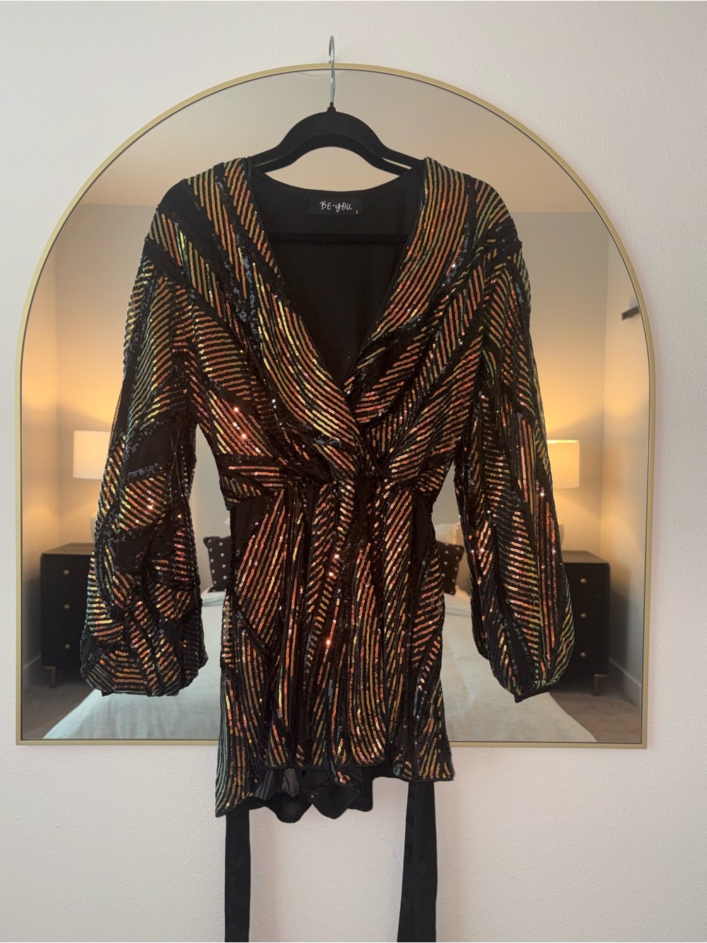Black Sequin Wrap Dress with Iridescent Stripes